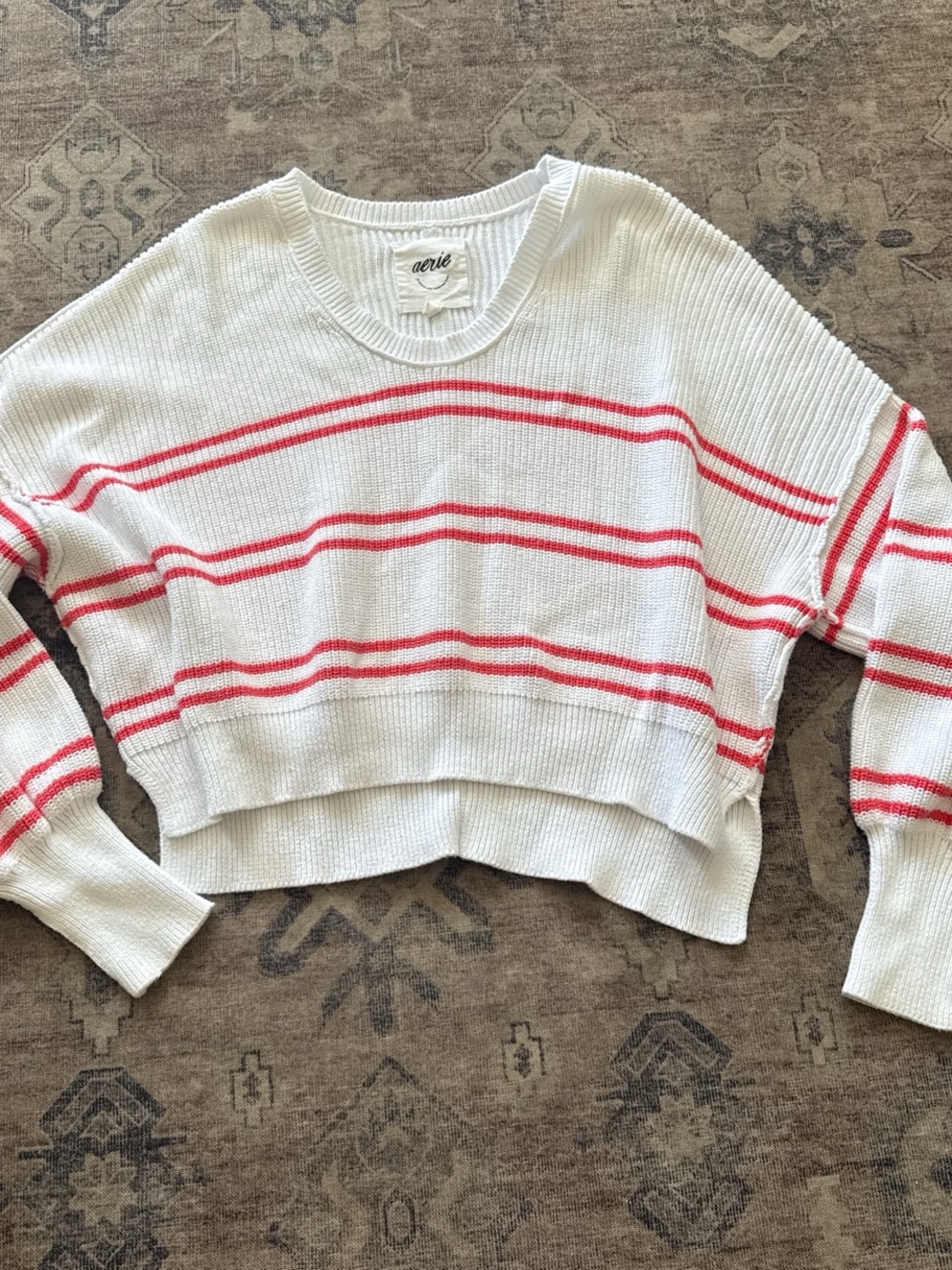 aerie White Cropped Sweater with Coral Stripes